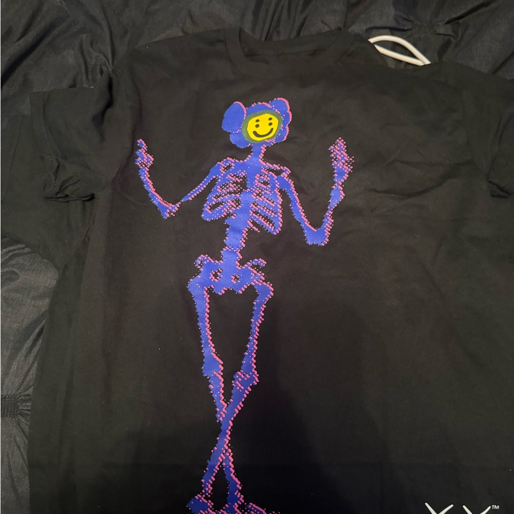 KAWs Black T-Shirt with Blue and Pink Skeleton Design